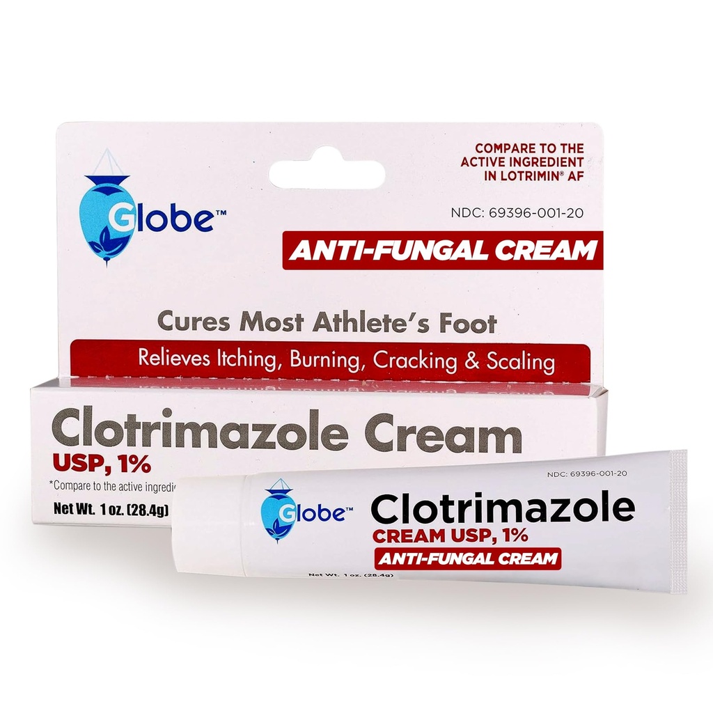 Globe clotrimazol Antifungal Cream 1% USP (1 oz), Anti Fungal Treatment, Relieves Itching, Burning, Cracking og skalering Associated Atletes Foot, Jock Itch, Ringorm og mere