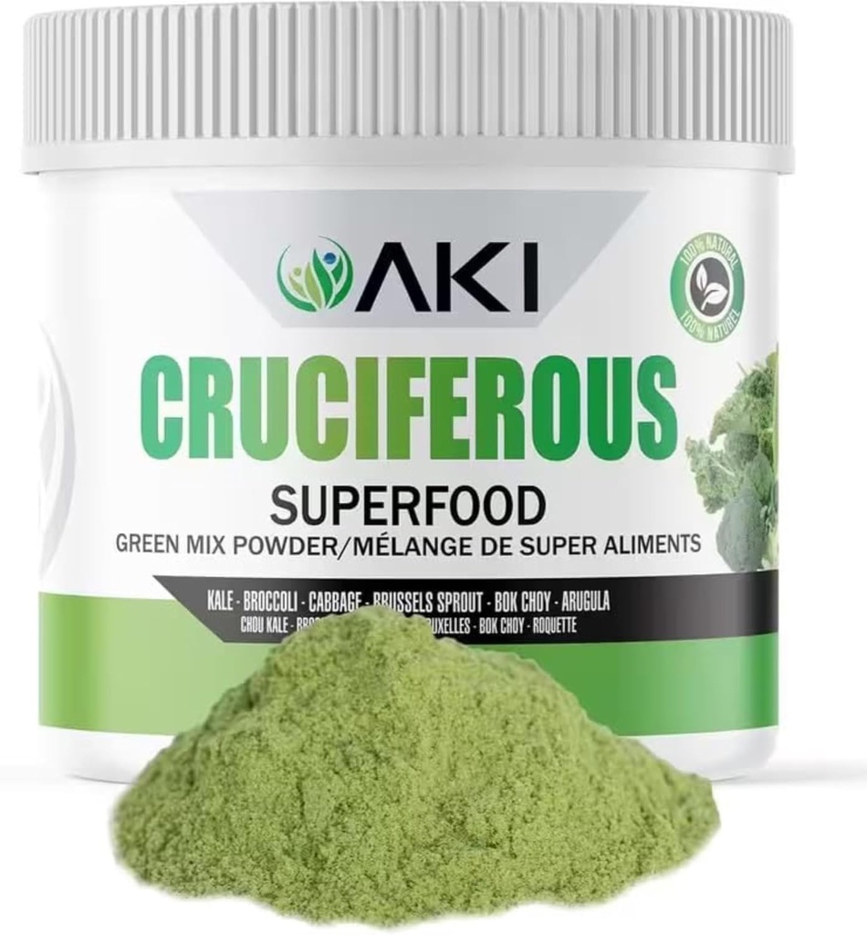 AKI Cruciferous Superfood Green Mix Powder - Lavet af Kale, Broccoli, Brussels spirer, Kål - Pakket med essentielle Phytonutrients & Vitamin ((5.3oz / 150g))
