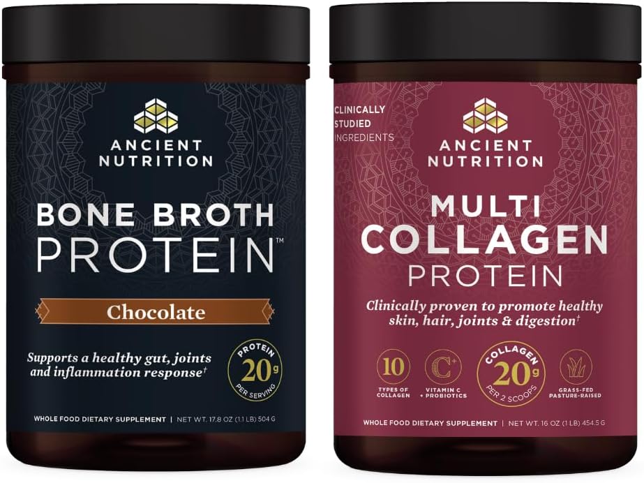 Ancient Nutrition Multi Collagen Protein Powder, Unflavored, 45 Servere + Bone Broth Protein Powder, Chokolade, 20 Servere