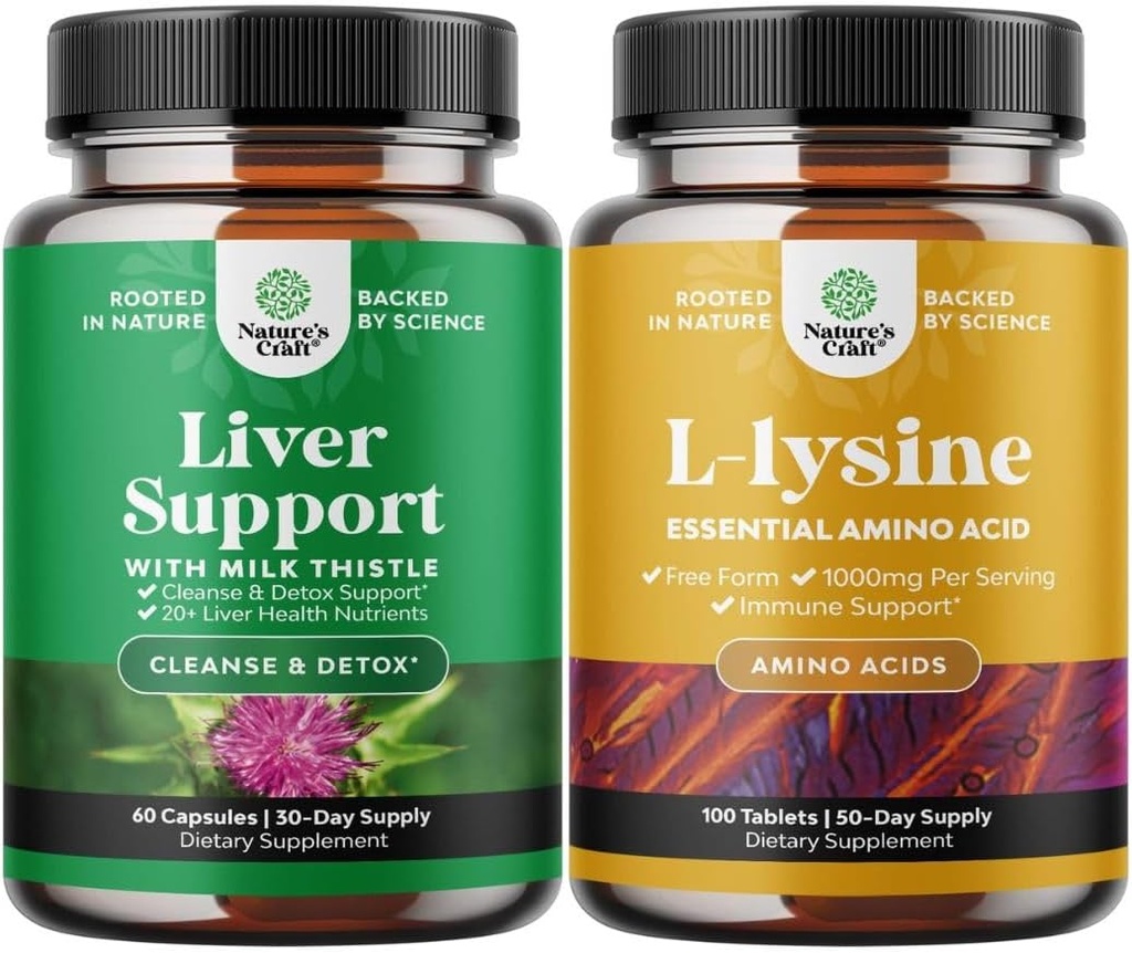 Bundle af mælk tidsel leverstøtte supplement og L Lysin 1000mg næringstilskud - urte lever supplement med Silymarin mælk tidsel - L- lysin essentielle aminosyrer supplement