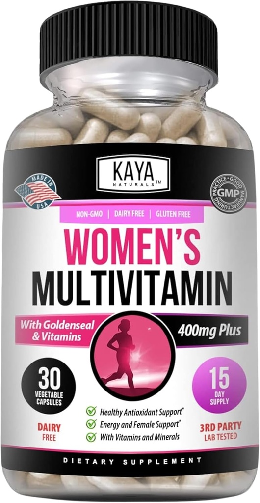 Kaya Naturals Kvinder Multivitamin, Samlet sund antioxidant, og immunforsvar, Vitamin A, D, C, E, Biotin, Folinsyre, & Multi- Mineral, Energi & Metabolisme Vitamin Supplement 30 Tæl