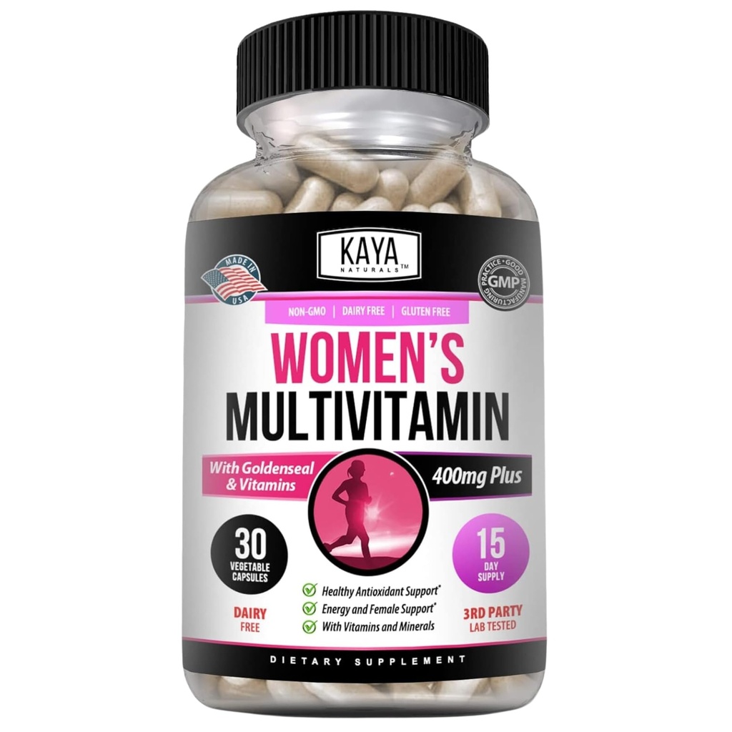 Kaya Naturals Kvinder Multivitamin, Samlet sund antioxidant, og immunforsvar, Vitamin A, D, C, E, Biotin, Folinsyre, & Multi- Mineral, Energi & Metabolisme Vitamin Supplement 30 Tæl