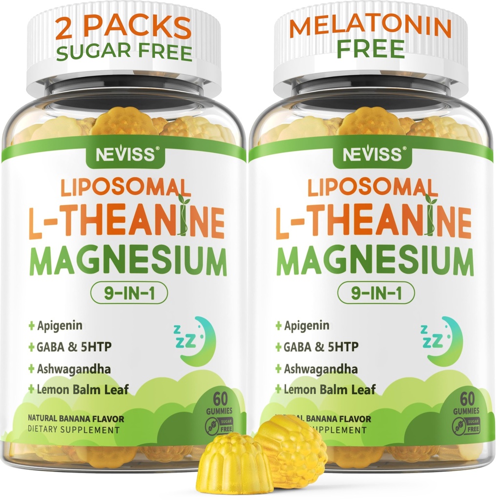 Liposomal L- Theanin 200mg Magnesium Glycinat 400mg Gummies med GABA, 5htp, Apigenin, B6-vitamin & D3, Ashwagandha, Lemon Balm Leaf, Melatonin Free Sleep Chewable for Relax Mood & Muscle, 2 pakker