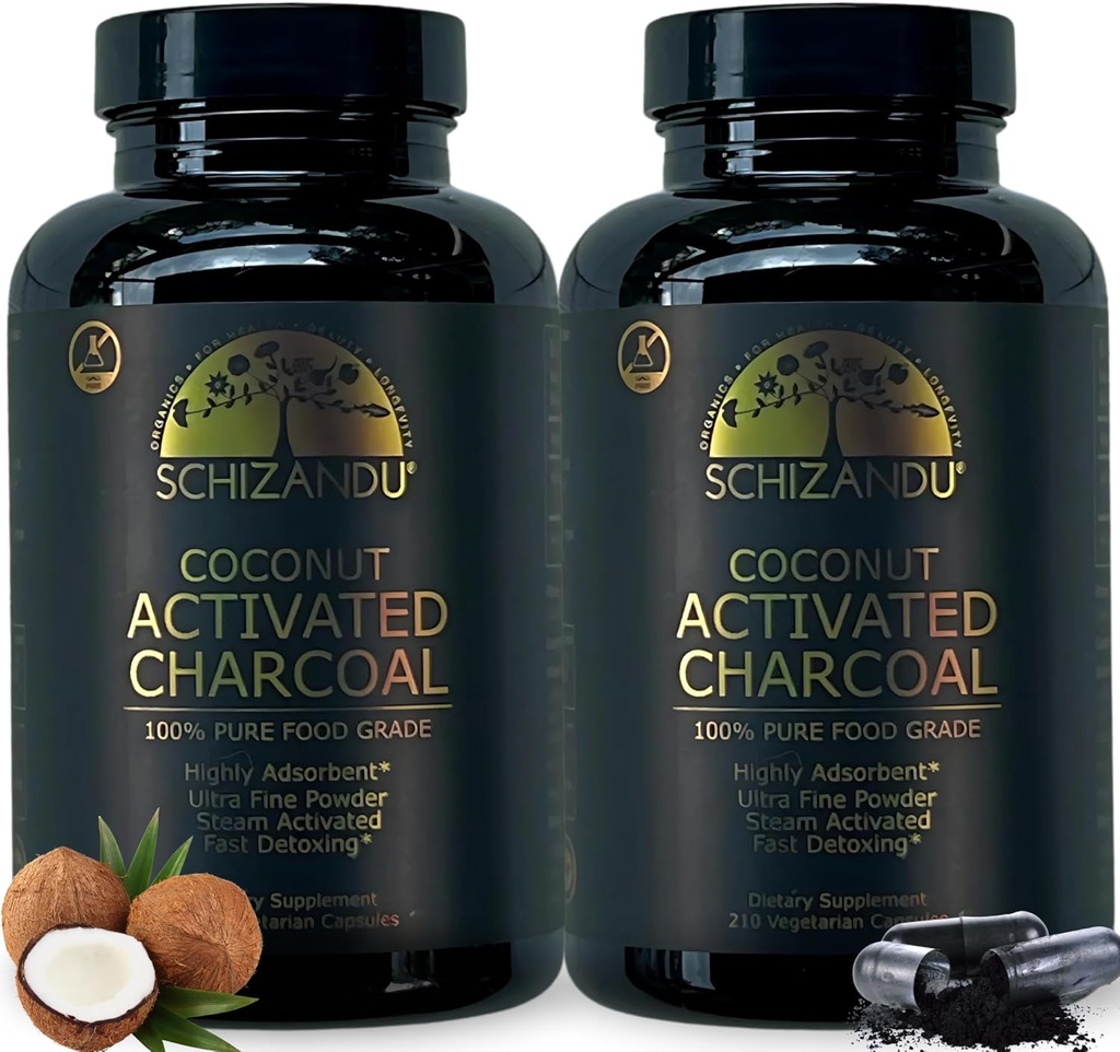 Aktiveret kokos Charcoal Capsules - Understøtter sundhed - Vegansk, Økologisk, Non- GMO, Ingen tilsætningsstoffer - X- Stor flaske 210 Greve - Pakke af 2