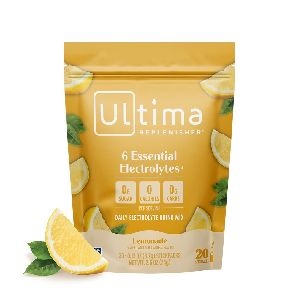 Ultima Replenisher Daily Electrolyte Powder Drink Mix - Sugar Free - Lemonade, 20 Stickpacks - Hydrationspakker med 6 Key Electrolytes and Trace Minerals - Keto Friendly, Vegan, Non- GMO