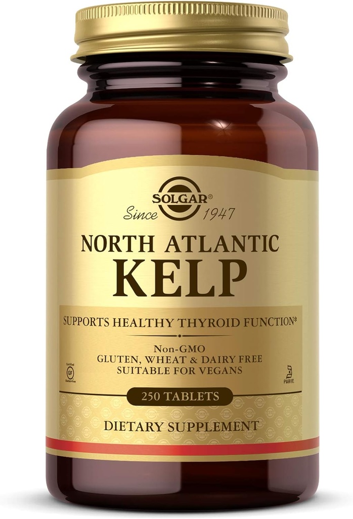 Solgar North Atlantic Kelp, 250 tabletter - Naturlig kilde til jod - Understøtter sund thyreoideafunktion - Gluten Free, Dairy Free, Kosher - 250 Servere