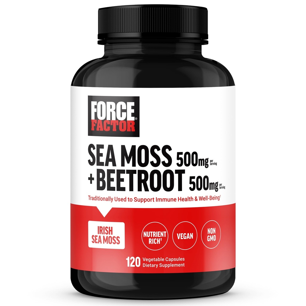 FORCE FACTOR Irish Sea Moss + Beet Root Supplement til støtte Immunitet, Cirkulation, Natural Energy, Heart Health, med antioxidanter, non-GMO, Vegan- Friendly, Soy- Free, 120 Vegetabilske kapsler