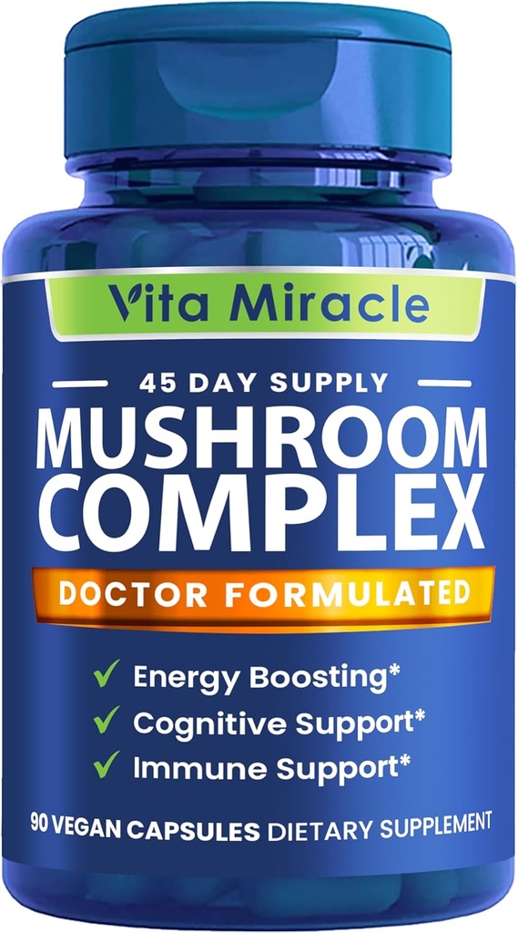 Mushroom Supplement Kapsler - 10x Mushroom Kompleks med Lions Mane Cordyceps Shiitake Reishi Mushrooms Kosttilskud - Alle naturlige herbal Vitamin Extract piller til Focus Energy og Brain 90 Kapsler