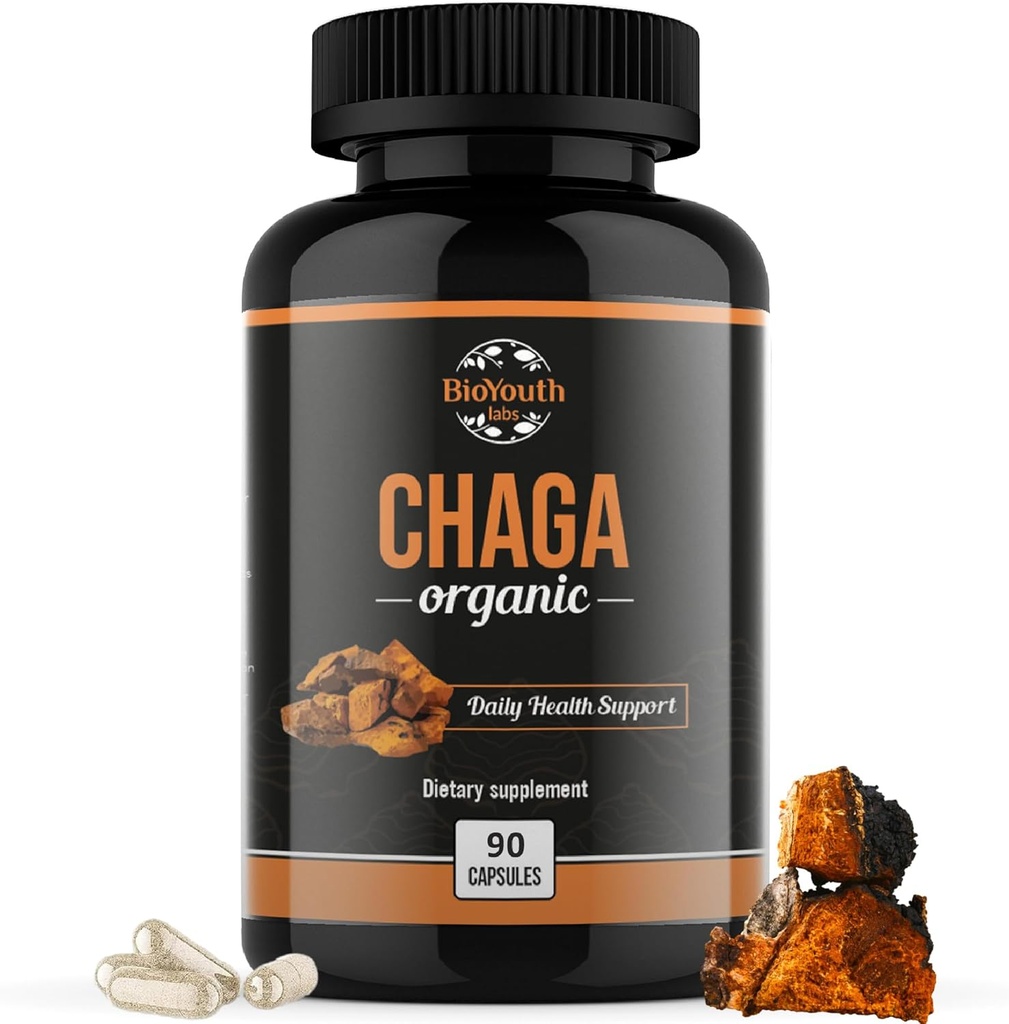Chaga Kapsler Organisk supplement • 124; Understøtter immunforsvar & Vitality • 124; Daglig immunstøtte • 124; Organisk Chaga Mushroom • Uddrag • 124; 90 Kapsler (1 måned Tilgang)