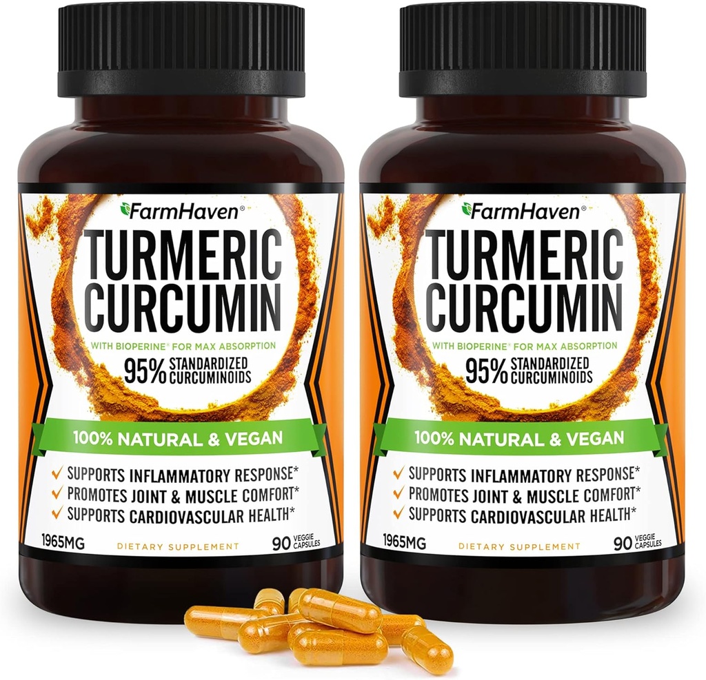 Gurkemeje med BioPerine Black Pepper & 95% Curcuminoider, Maksimal Absorption til fælles støtte, Non- GMO Gurkemeje kapsler, Lavet i USA - 180 Veg Caps