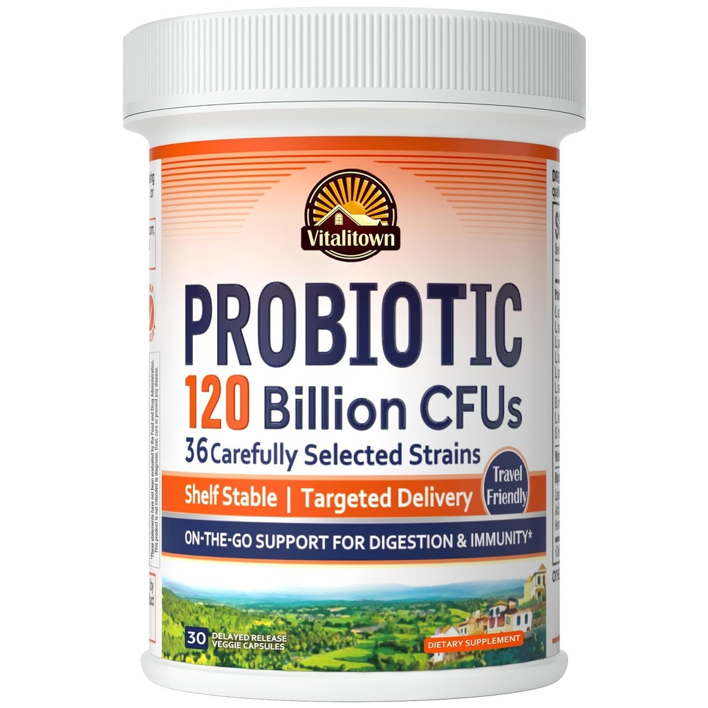 Vitalitown Probiotics 120 Millioner CFU 'er, 36 Strops, Prebiotics, Digitale Enzymer til Mænd Kvinder, Forsinket udgivelse, Hylde Stable, On Go fordøjelsesstøtte, 30 Veg Caps