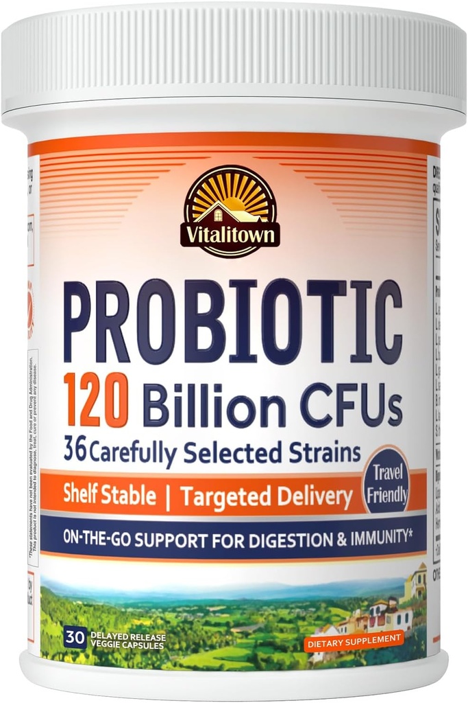 Vitalitown Probiotics 120 Millioner CFU 'er, 36 Strops, Prebiotics, Digitale Enzymer til Mænd Kvinder, Forsinket udgivelse, Hylde Stable, On Go fordøjelsesstøtte, 30 Veg Caps