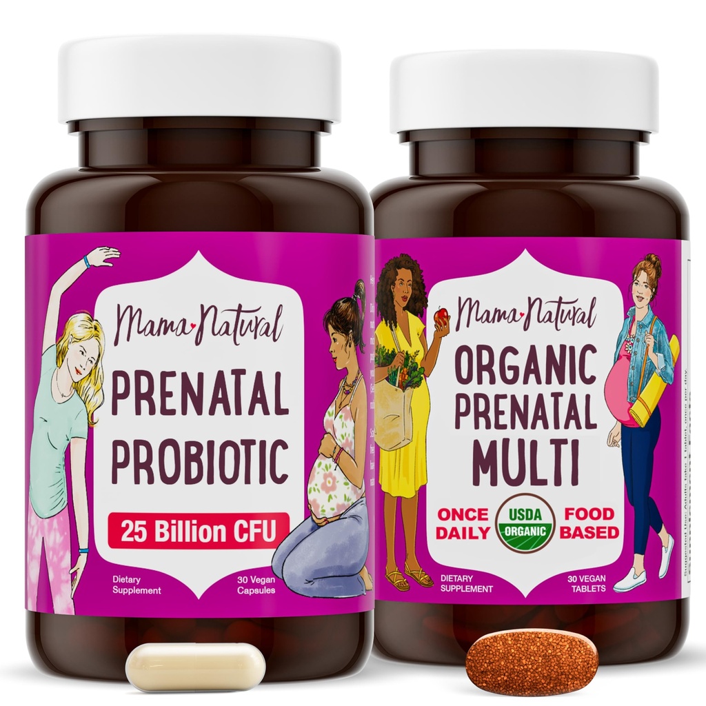 Mama Natural Prenatal Bundle - Økologiske prænatale vitaminer til kvinder + målrettet Probiotika til graviditet & Postpartum Wellness - Bare 2 piller om dagen - Vegan & non- GMO (30 dages forsyning)