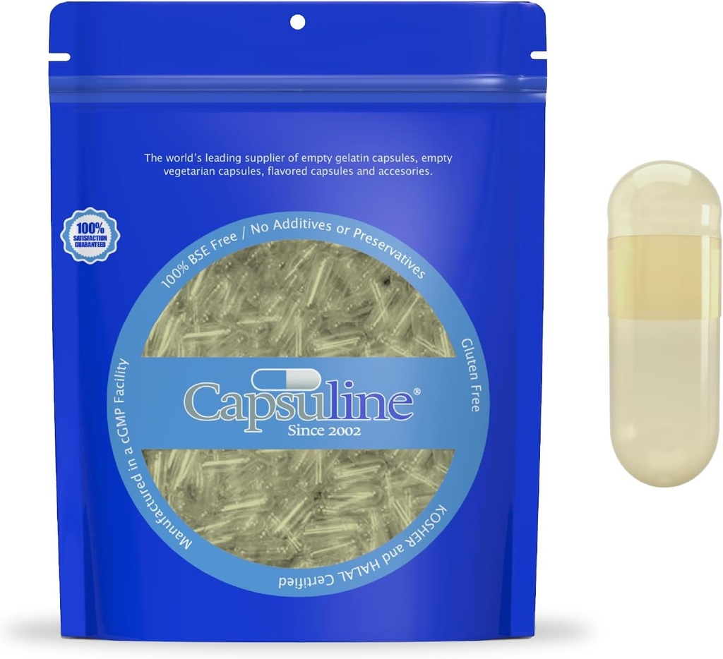 Capsulin Saflor Farvet Størrelse 00 Tomme Veganske Kapsler Gul / Gul - 1000 Greve - Vegetarisk Tomme Piller Kapsler - DIY Vegetabilske Kapsler Fyldning - Veggie Pille Kapsler - Kosher og Halal Certificeret
