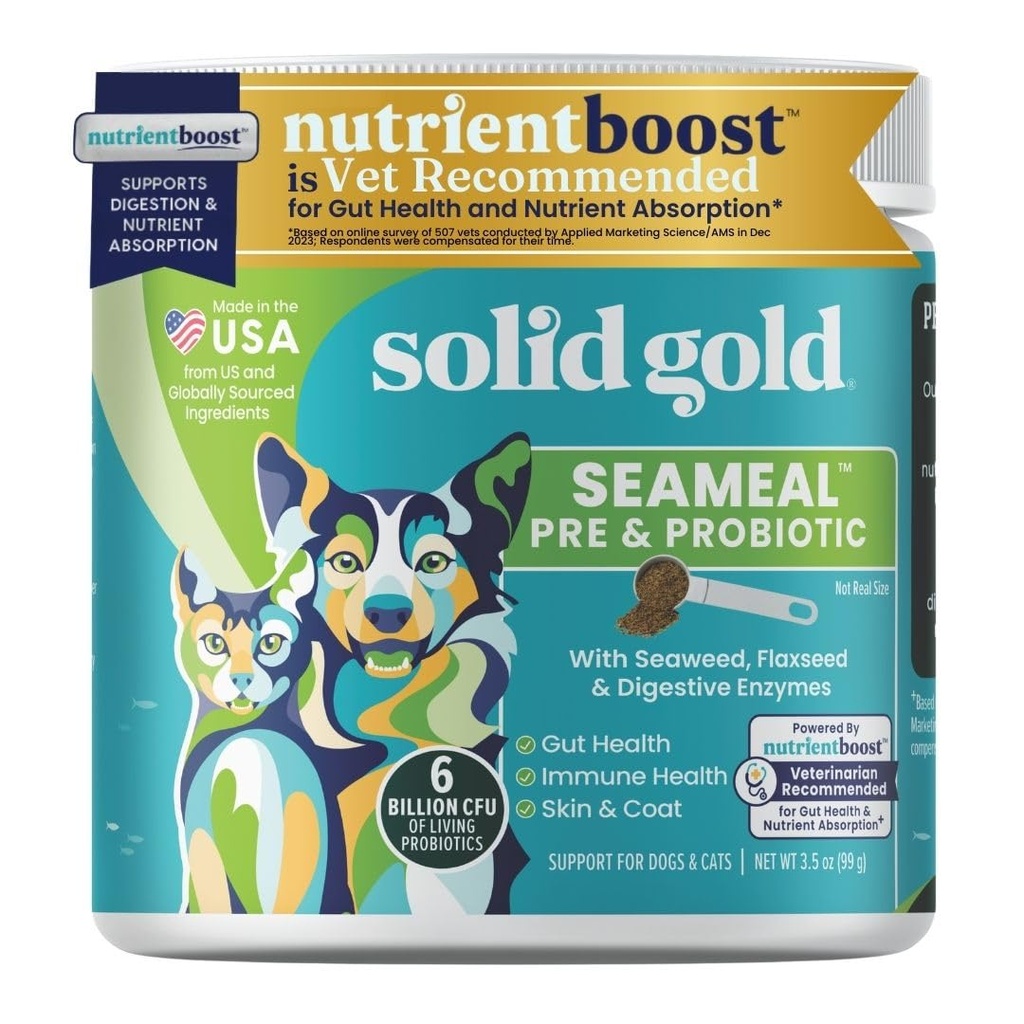 Solid Gold SeaMeal Cat Probiotic & Dog Probiotika til fordøjelsessygdomme - Kelp Powder Dog & Kat Multivitamin Supplement w / Prebiotika & fordøjelsesenzymer til hud, Coat, & Gut + immunforsvar - 3.5oz