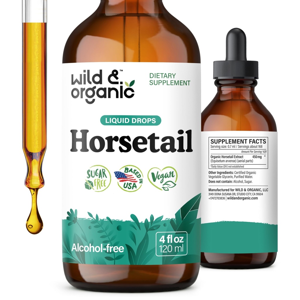 Wild & Organic Horsetail Herb Tinktur - hårhud og negle Support - Flydende hestehale supplement - Vegan, Sukker & Alkohol- Free Leaf Extract Drops - 4 fl oz