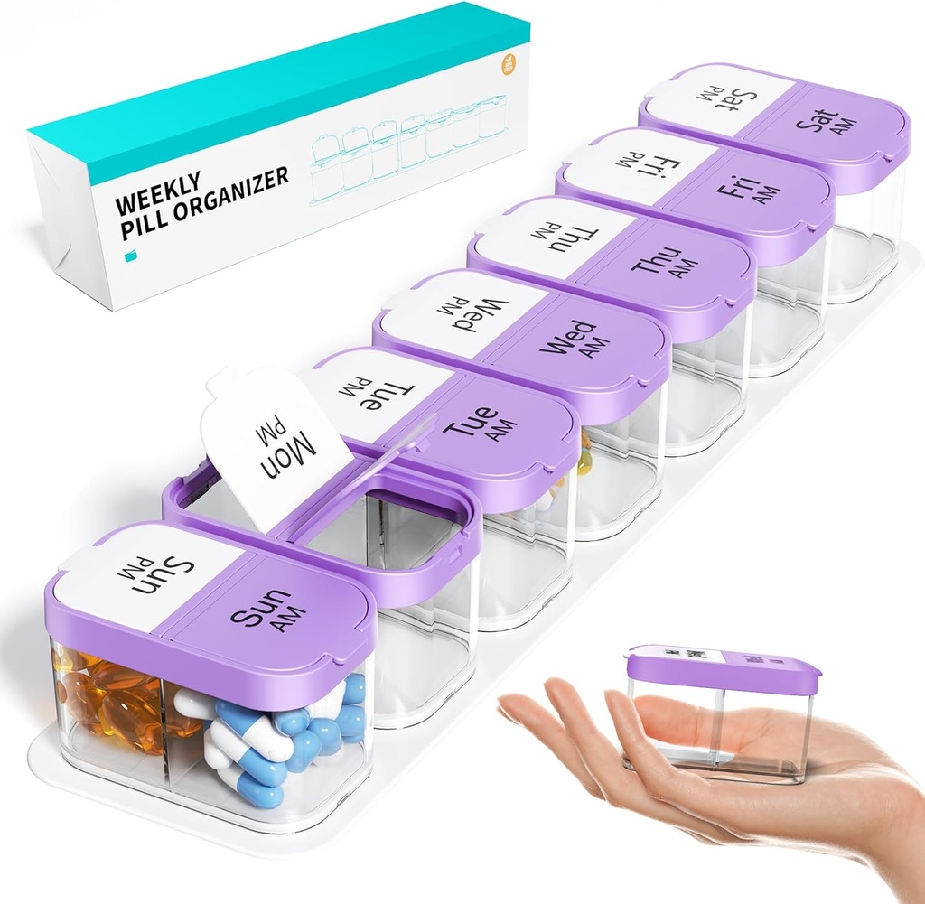 Odaro Ekstra Stor Ugentlig Pill Organizer 2 gange en dag, Pill Box 7 dag Am Pm at holde daglig medicin Vitamin og kosttilskud - lilla