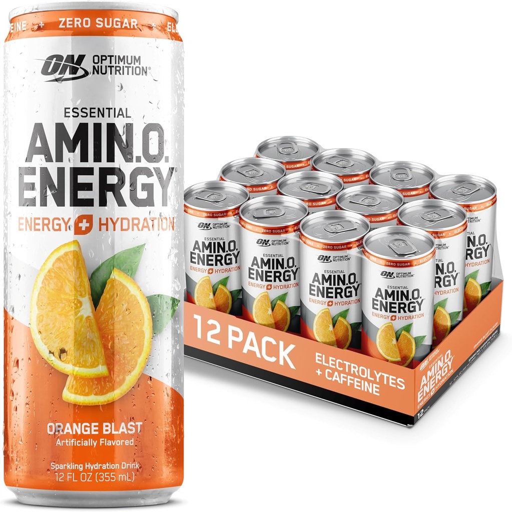 Optimum Nutrition Amino Energy Sparkling Hydration Drink, Elektrolyter, Koffein, Aminosyrer, BCAA, Sugar Free, Orange Blast, 12 Fl Oz, 12 Pack (Packaging May Vary)