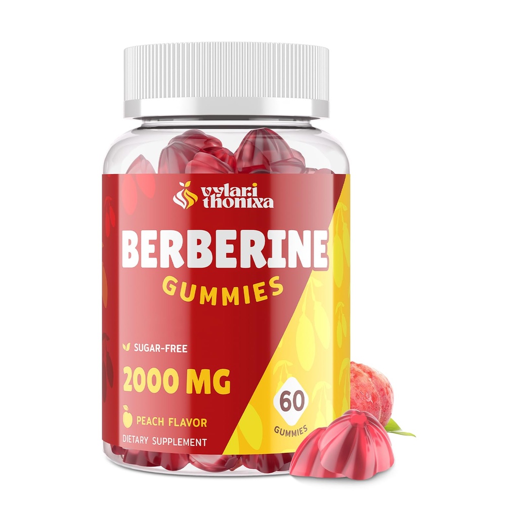 2000mg Berberine Supplement Gummies - High Potency Berberine med Ceylon Cinnamon Candy, gurkemeje, Magnesium, Chrom - Sugar Free, Vegan, Non- GMO, Gluten- Free - Peach Flavor 60 Gummies - 1 pakke