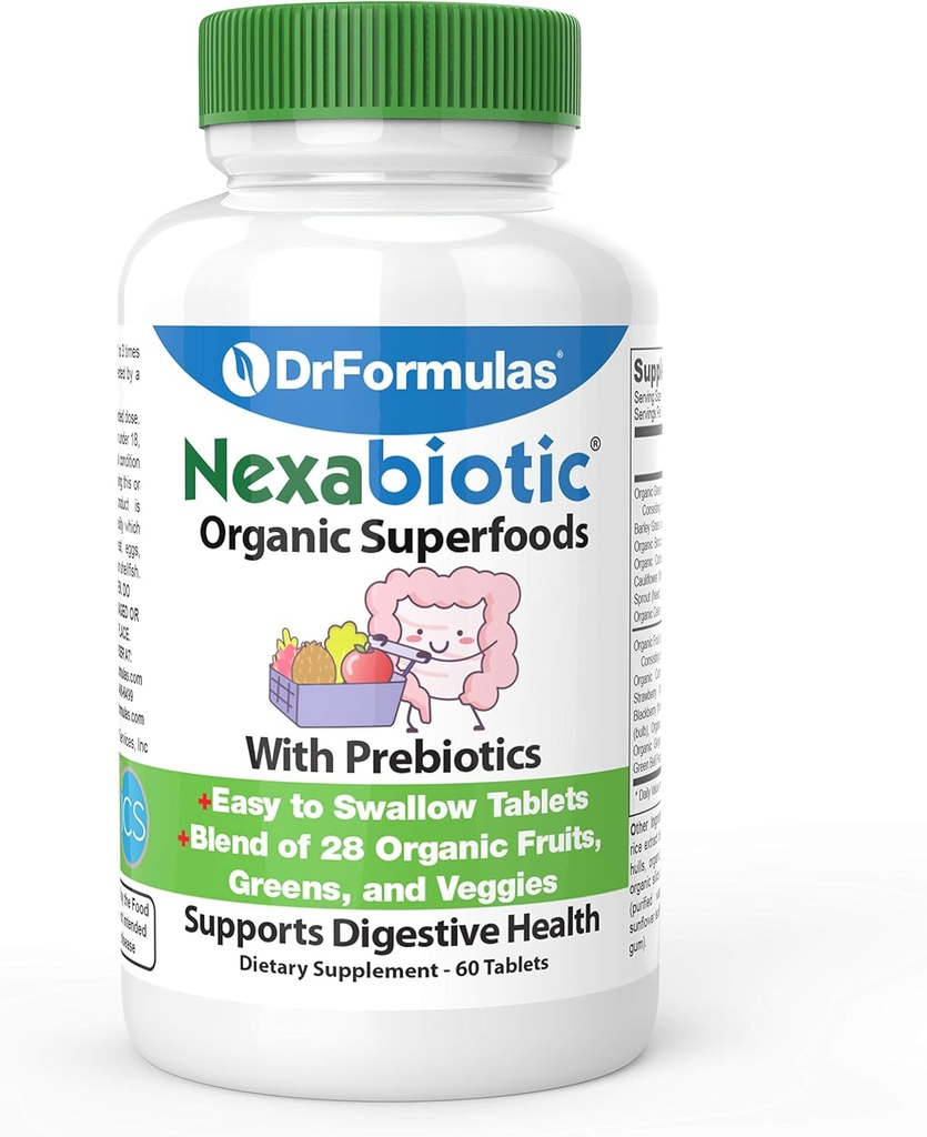 DrFormulas Organic Prebiotic Fiber til Forstoppelse Relief • 124; Nexabiotic Superfood Tabs til Probiotisk fordøjelse, 60 tabletter