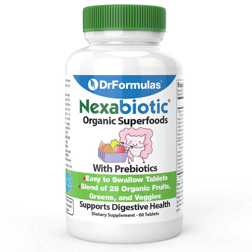 DrFormulas Organic Prebiotic Fiber til Forstoppelse Relief • 124; Nexabiotic Superfood Tabs til Probiotisk fordøjelse, 60 tabletter