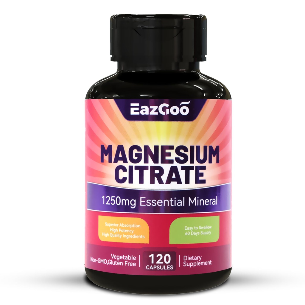 Magnesium Citrat Kapsler 1250mg, Høj Absorption Magnesium Citrat Supplement med Elemental Magnesium, Ekstra Styrke Magnesium Supplement, Non-GMO, Gluten- fri, 120 Vegetabilske Kapsler