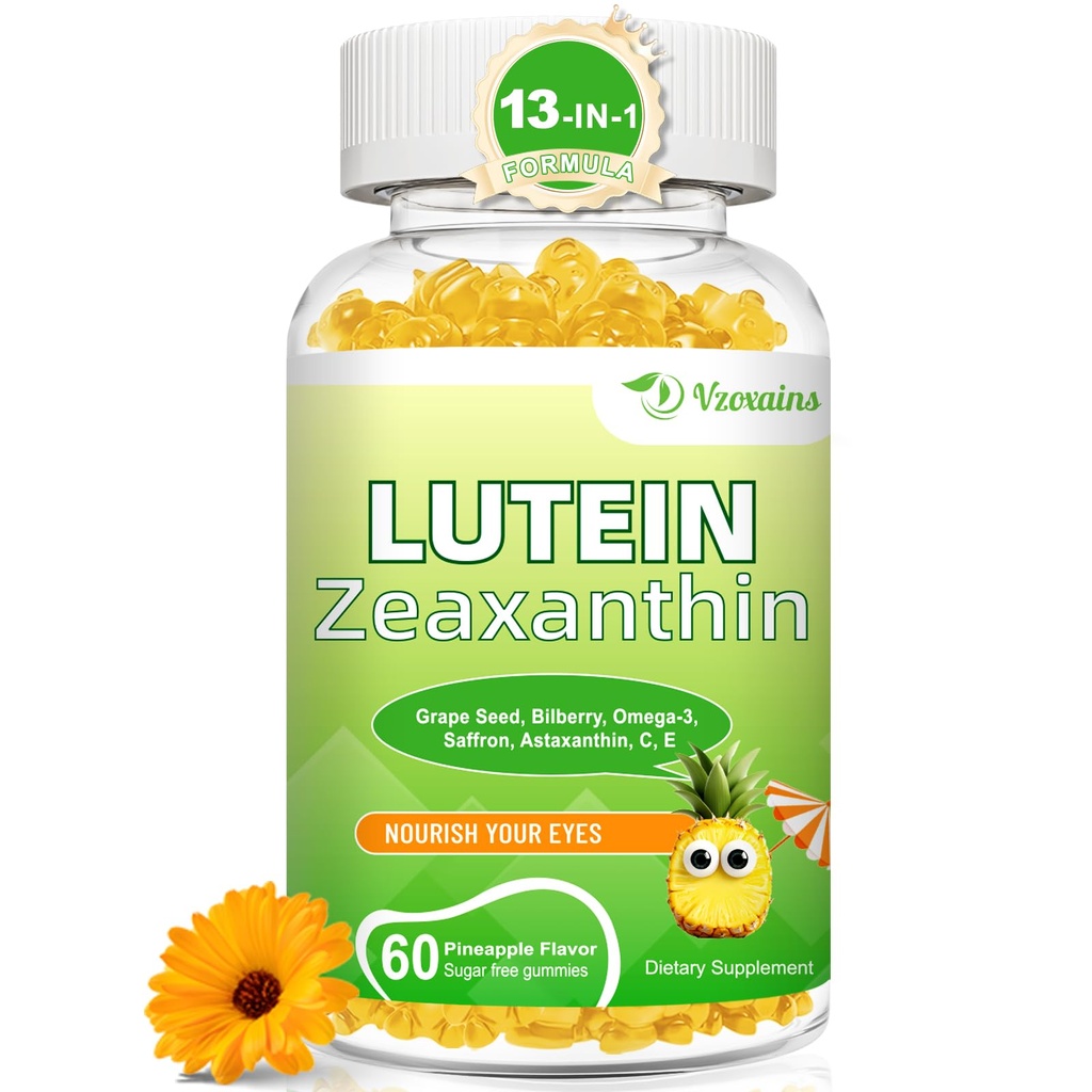 Lutein 20 mg med Zeaxanthin Gummies, Lutein og Zeaxanthin Kosttilskud med Eye Vitaminer C, E, Bilberry for Eye Health - 60Cts