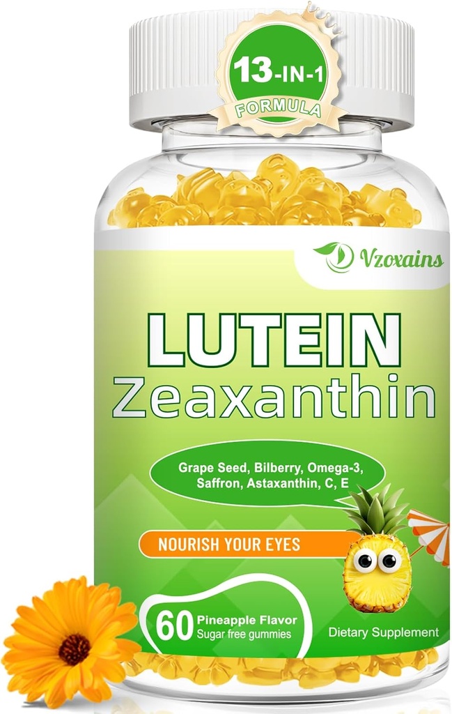 Lutein 20 mg med Zeaxanthin Gummies, Lutein og Zeaxanthin Kosttilskud med Eye Vitaminer C, E, Bilberry for Eye Health - 60Cts