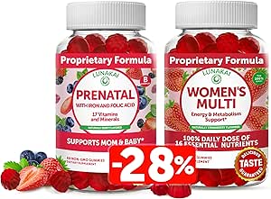 Lunakai prenatal Vitamin og kvinders Multivitamin Gummies Bundle - Graviditet Multivitamin Gummy med jern & folsyre - med 100% daglig værdi af 16 essentielle vitaminer og mineraler - 30 dages forsyning