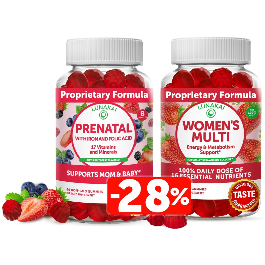 Lunakai prenatal Vitamin og kvinders Multivitamin Gummies Bundle - Graviditet Multivitamin Gummy med jern & folsyre - med 100% daglig værdi af 16 essentielle vitaminer og mineraler - 30 dages forsyning