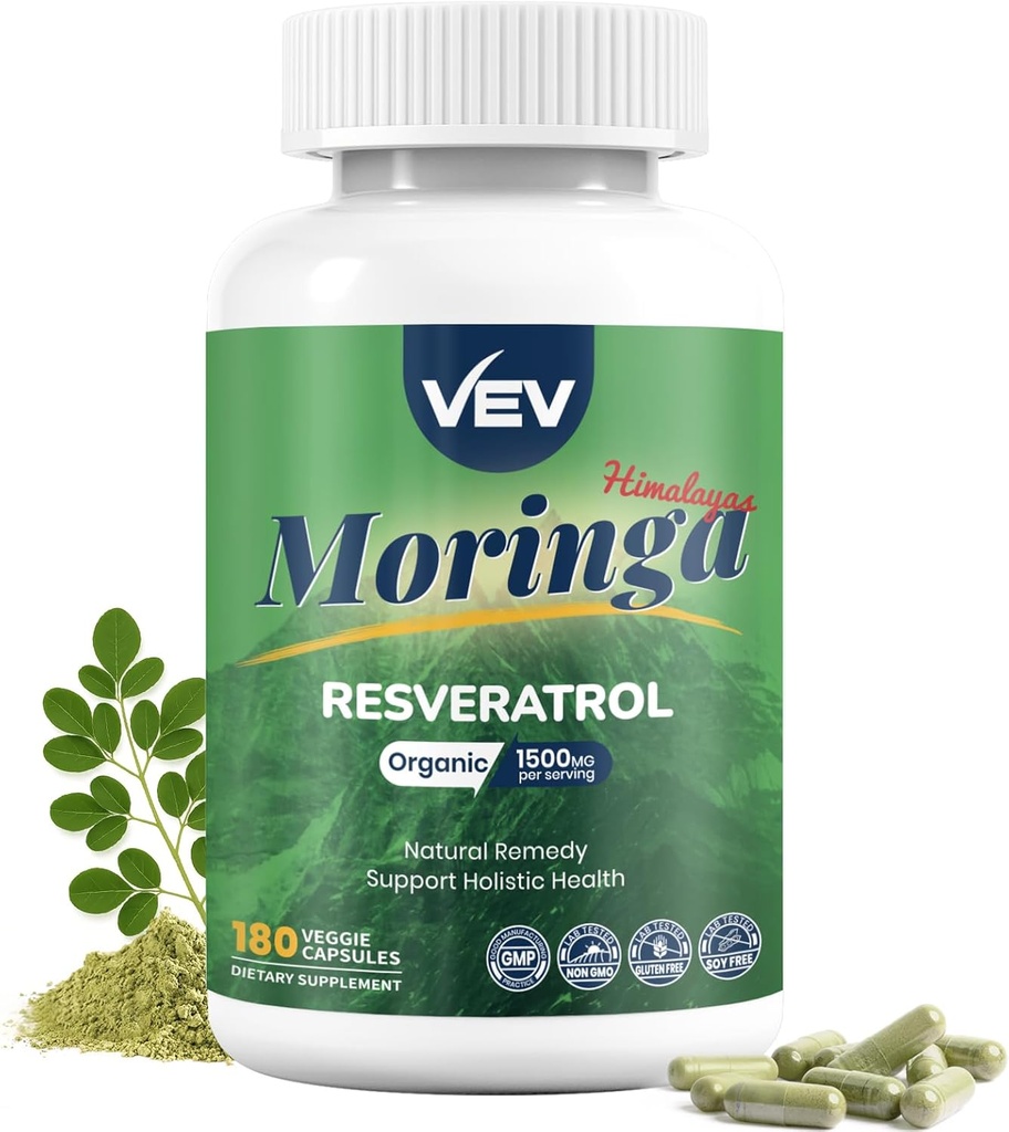 VEV Moringa Kapsler - med gurkemeje & Resveratrol Plant- baseret supplement til immunfunktion Support Skin Wellness & Daily Energy