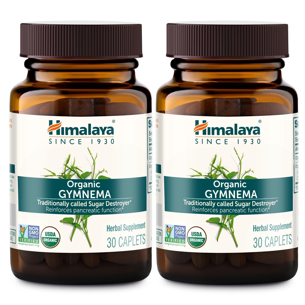 Himalaya Organic Gymnema Sylvestre - Herbal Glucose Metabolisme Support - USDA Organic, Non- GMO, Vegan, Gluten Free, Additive Free, 700 mg, 30 Caplets (Pack of 2)