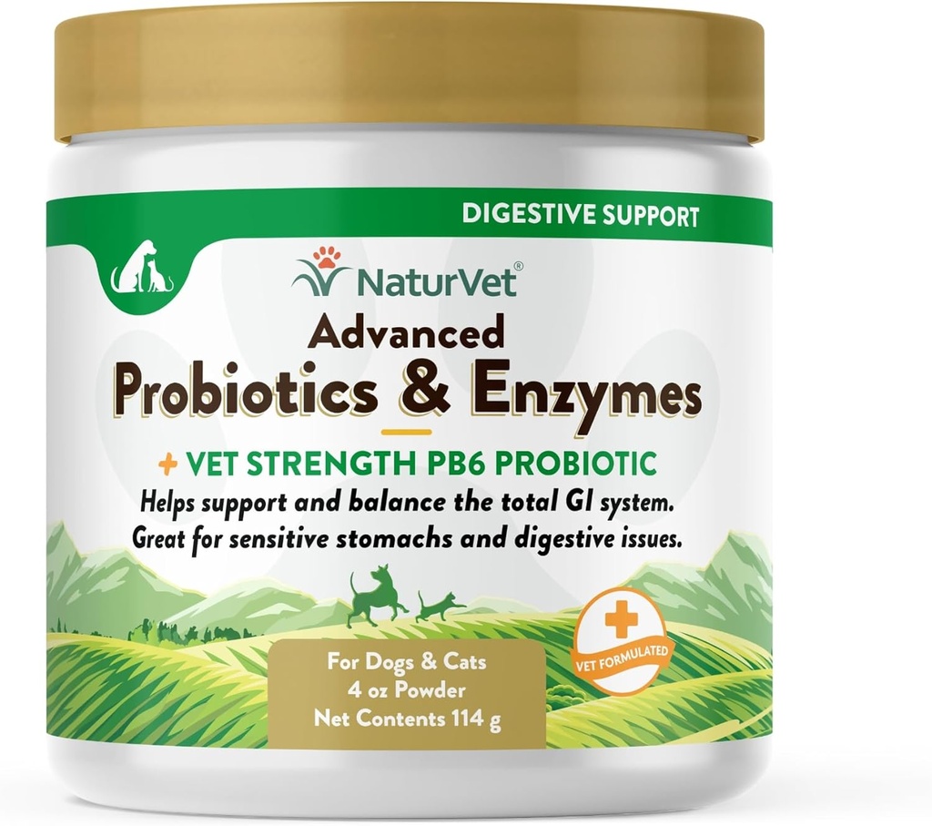 NaturVet - Avanceret Probiotika & Enzymes - Plus Vet Strength PB6 Probiotisk Name 124; Understøtter og Balancer Kæledyr med sensitive stomachs & fordøjelsesmæssige spørgsmål