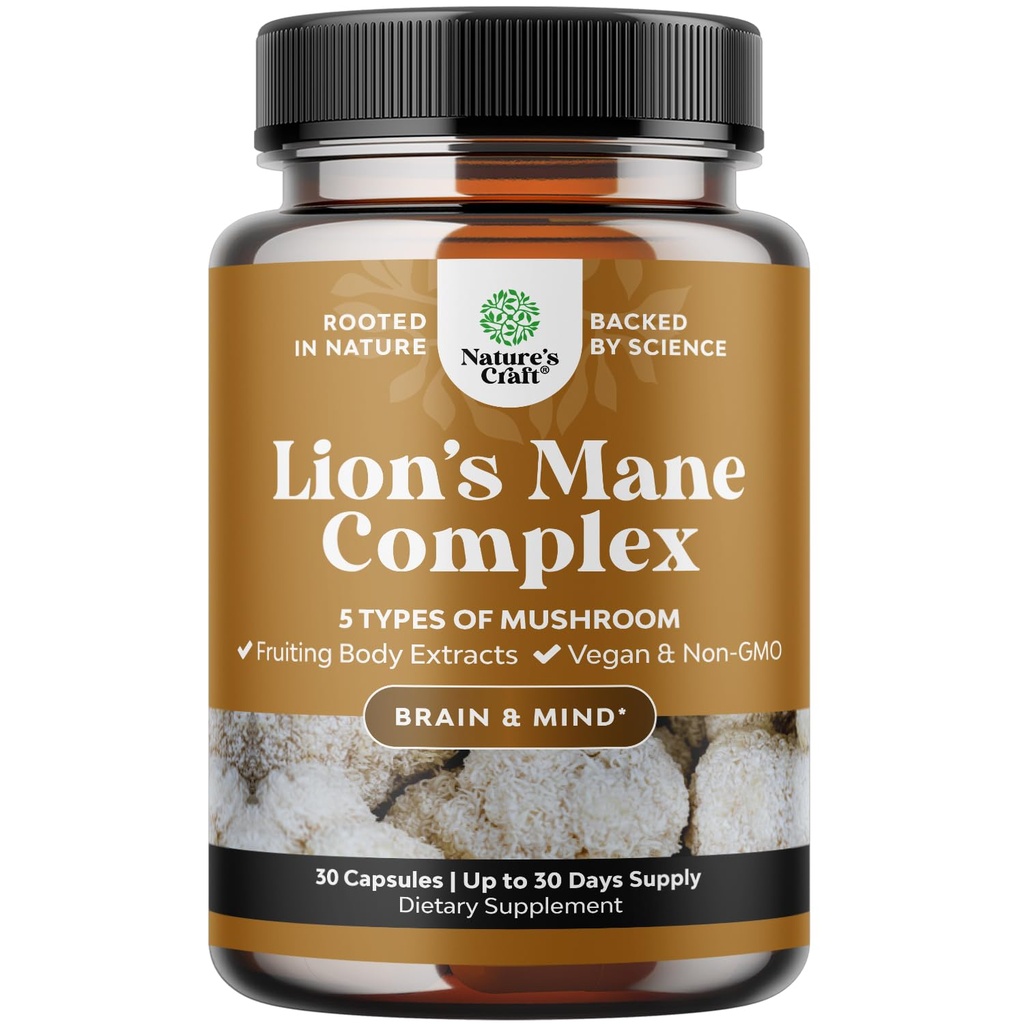 Advanced Lion's Mane Mushroom Supplement - Lions Mane Supplement Capsules with Reishi Chaga Maitake & Shiitake for Brain Health Memory Support & Focus - Nootropic for Mental Clarity - 30 Count