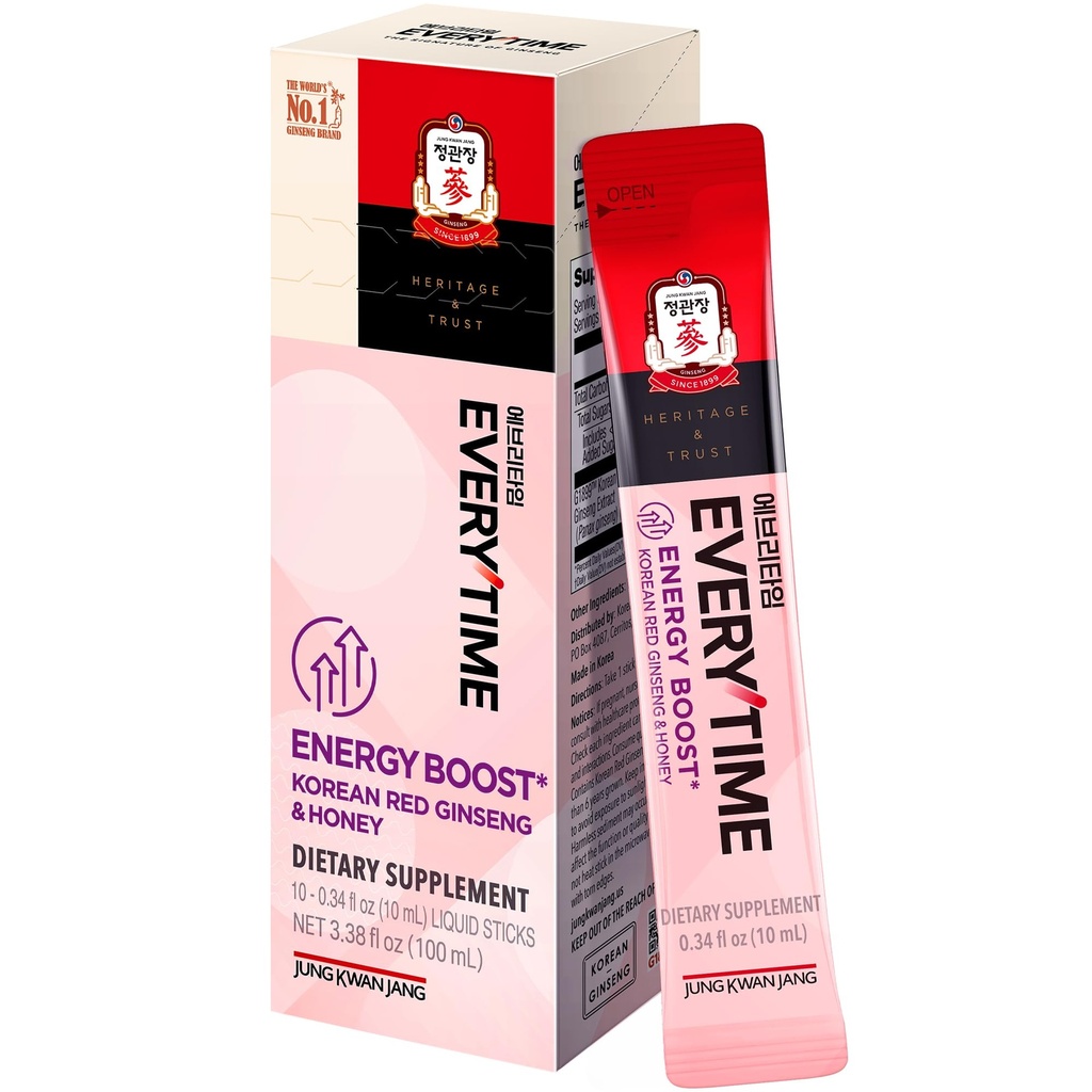 JUNG KWAN JANG Everytime Energy Boost koreansk rød Ginseng ekstrakt 1.000mg & honning - Vegan Ginseng energi drikke flydende stick kosttilskud - Bygger Stamina & Immunity Ingen koffein (10 sticks, 0.34 fl oz)
