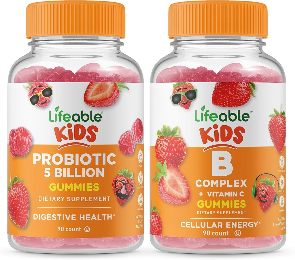 Livbare Probiotika 5 Millioner Børn + B Complex Kids, Gummies Bundle - Great Tasting, Vitamin Supplement, Gluten Free, GMO fri, Chewable Gummy