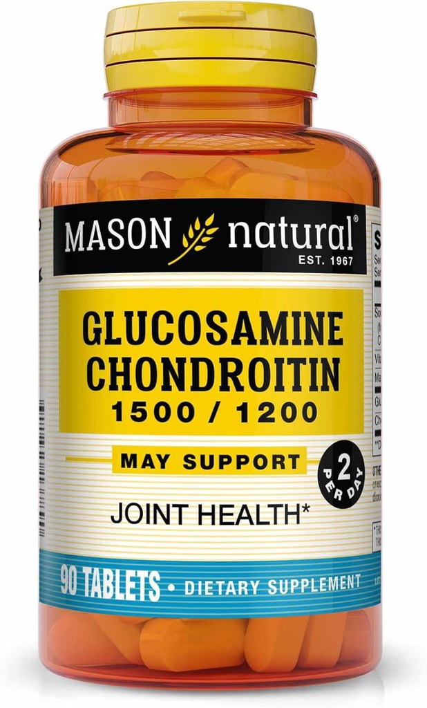 MASON NATURAL Glucosamin Chondroitin 1500 / 1200 2 Per dag med C-vitamin - Understøtter fælles sundhed, forbedret fleksibilitet og mobilitet *, 90 kapsler