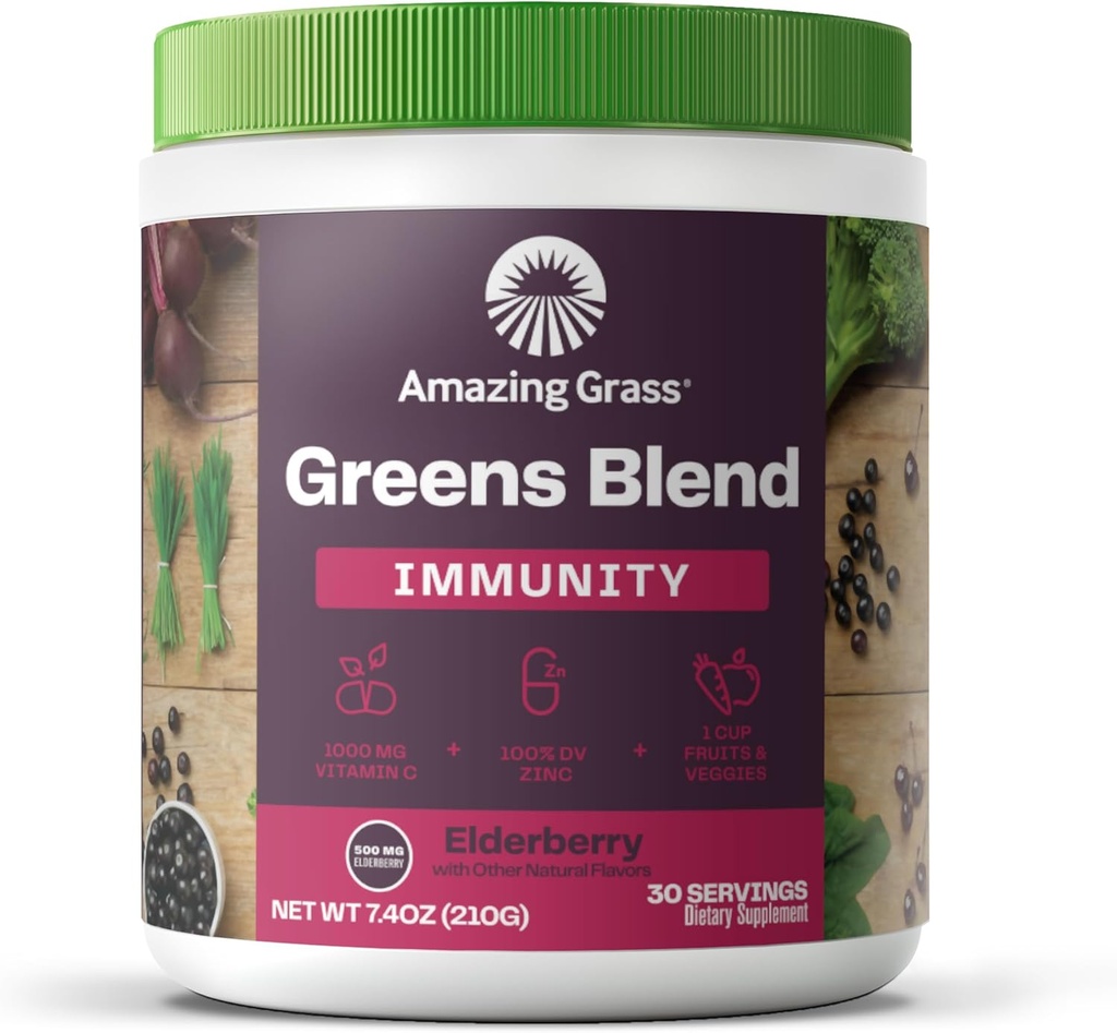 Amazing Grass Green Blend Superfood til immunforsvar: Super Green Powder Smoothie Mix med Organic Spirulina, Chlorella, Beet Root Powder, fordøjelsesfremmende enzymer & probiotika, Elderberry, 30 Servere