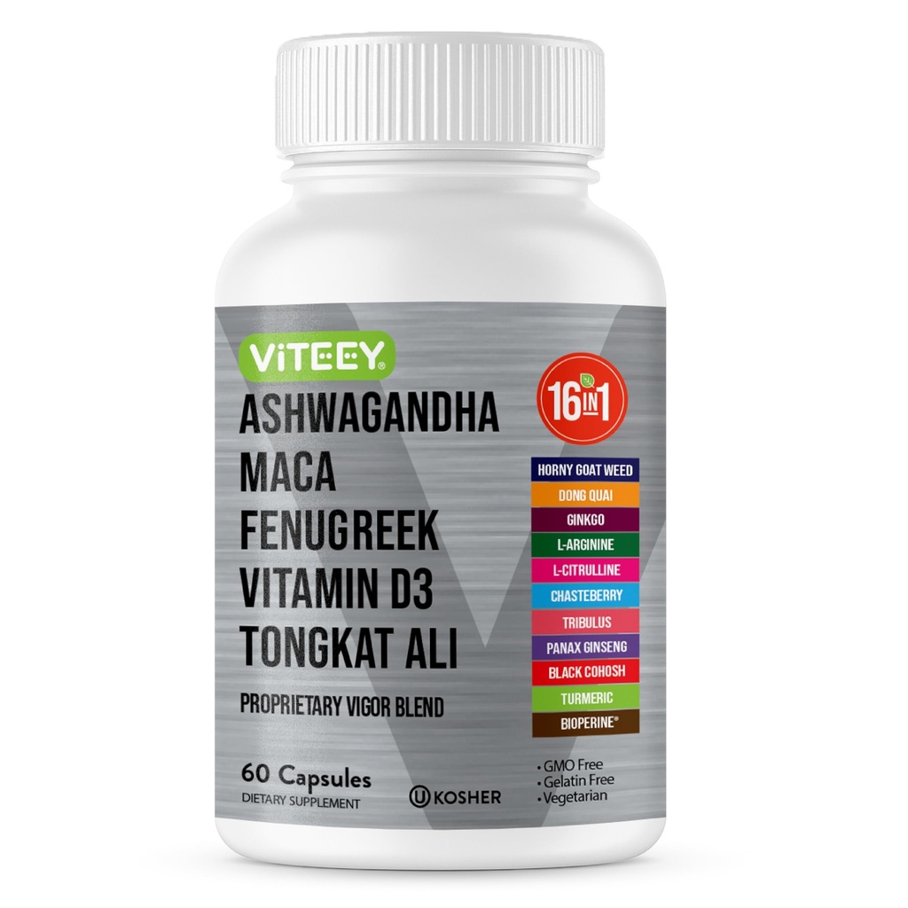 Viteey Ashwagandha Maca Feugreek tillæg med Tongkat Ali - Drive, Passion & Energy Support til mænd og kvinder - Mood, Calm & Stress Support - 60 kapsler