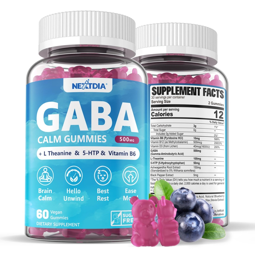 GABA Gummies 500 mg - Sugar- Free Call Gummies with L Theanine, 5-HTP, Vitaminer D3, B12, Ashwagandha, Melatonin- Free for Brain Call, Mood, Zzz Better, GABA Supplement for Voksen, Blåbær Flavor, 1Pack