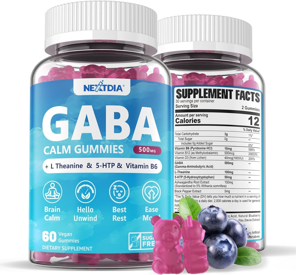 GABA Gummies 500 mg - Sugar- Free Call Gummies with L Theanine, 5-HTP, Vitaminer D3, B12, Ashwagandha, Melatonin- Free for Brain Call, Mood, Zzz Better, GABA Supplement for Voksen, Blåbær Flavor, 1Pack