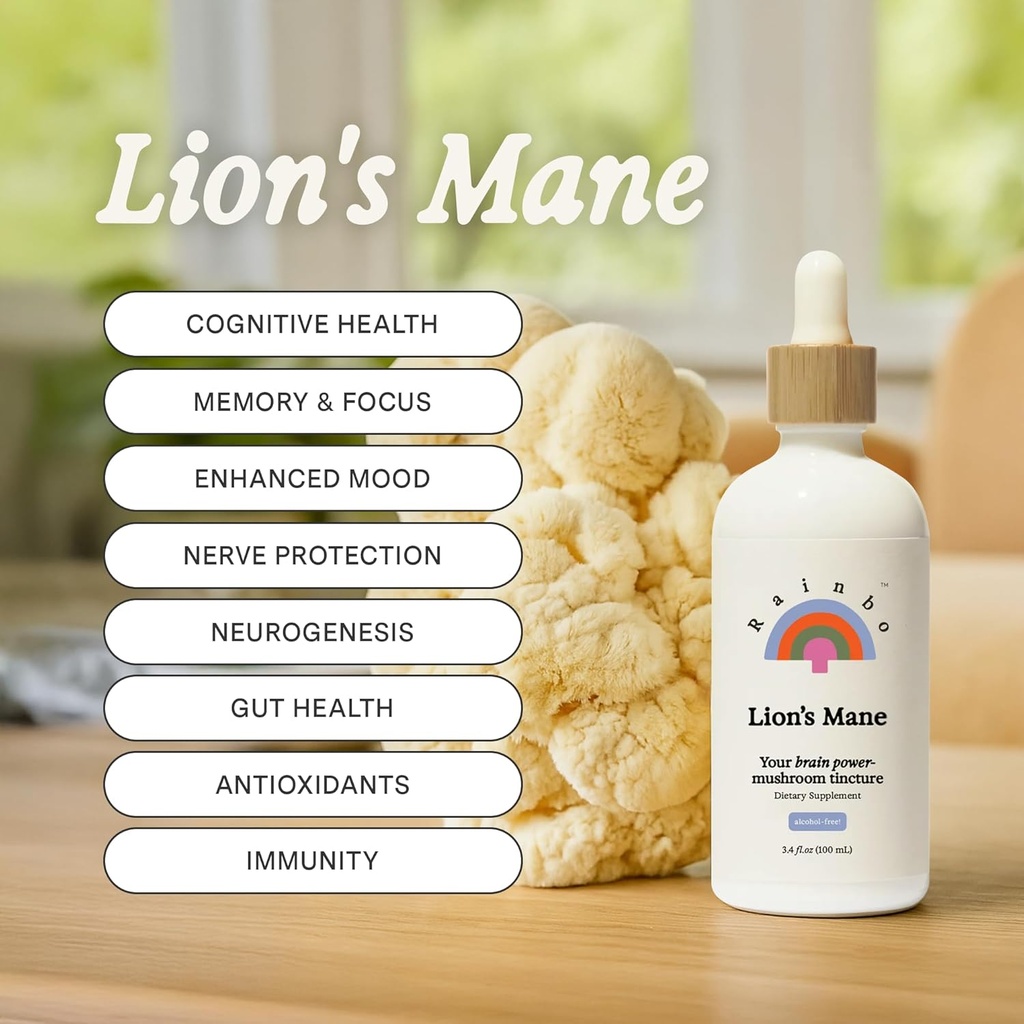 Rainbo - Lions Mane Mushroom Tinktur - Alkoholfri - Dual Extract Mushroom Supplement - Brain Support, Fokus, Memory, Liquid Lions Mane Supplement, Vegan, Non GMO, 3.4 fl oz