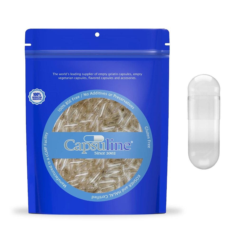 Capsulin Størrelse 0 Tomme Gelatine Kapsler, Clear - 500 Greve Note 124; Gluten Free, Kosher, Non- GMO Certified