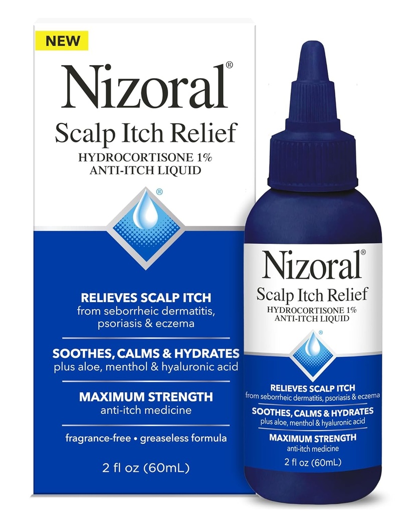 Nizoral Scalp Itch Relief Liquid - Relieves Scalp Itch and Soothes, Calms og Hydrates med maksimal styrke Anti- Itch Medicine (Hydrocortison 1%), 2 Fl Oz