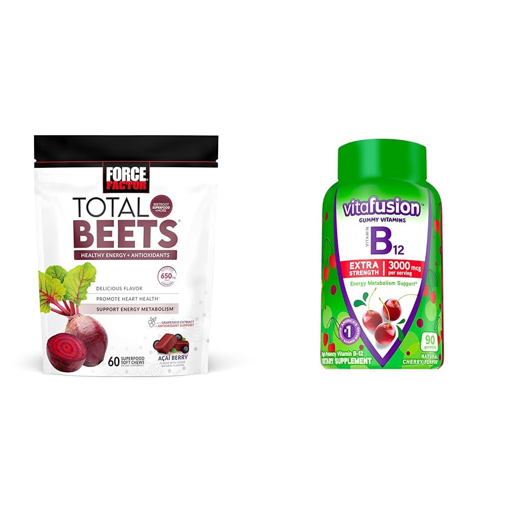 Kraftfaktor Total Beets Chews med Beetroot & Grapeseed Extract Plus Vitafusion B12 Gummies, 90 Grev Cherry Flavor
