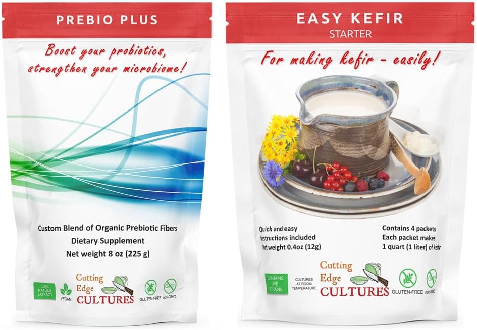 Cutting Edge Cultures Prebio Plus + Kefir Starter Culture Prebiotic Fiber Powder Best Custom Blend of Organic Prebiotic Fibers Dietary Supplement (1 Prebio Plus + 1 Kefir 20g)