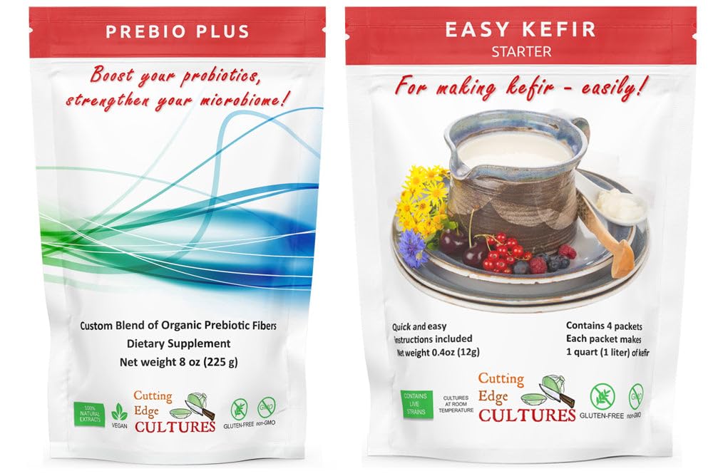 Cutting Edge Kulturer Prebio Plus + Kefir Starter Culture Prebiotic Fiber Powder Best brugerdefinerede Blend of Organic Prebiotic Fibers Kosttilskud (1 Prebio Plus + 1 Kefir 20g)