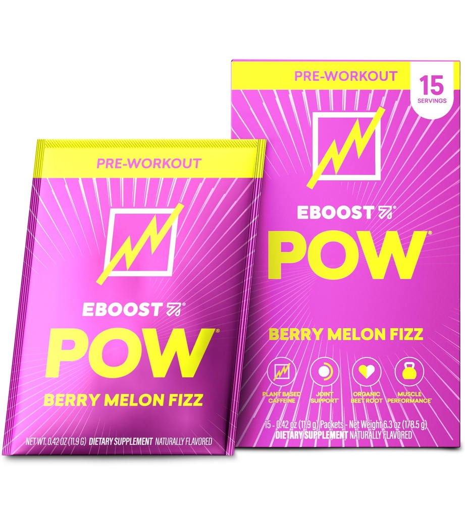 EBOOST POW Natural Pre Workout Powder - 15 Pakker, Berry Melon Fizz - Preworkout Energy Booster Gym tillæg drikke mix for mænd og kvinder - ydeevne, fælles mobilitetsstøtte - Gluten- fri