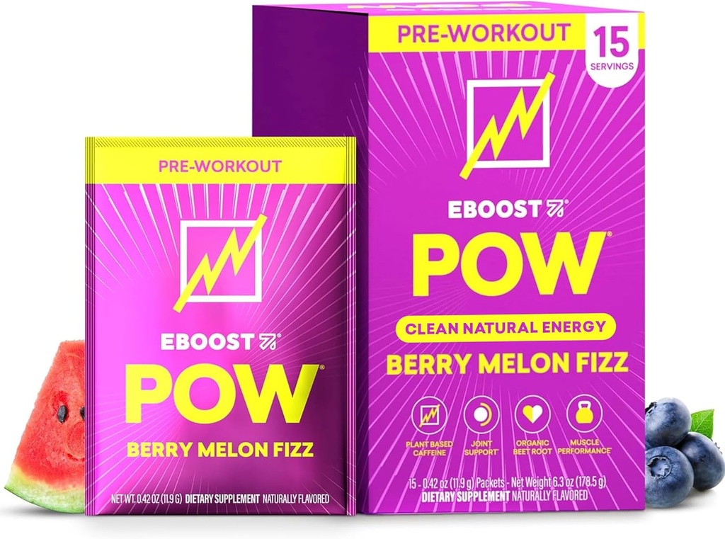 EBOOST POW Natural Pre Workout Powder - 15 Pakker, Berry Melon Fizz - Preworkout Energy Booster Gym tillæg drikke mix for mænd og kvinder - ydeevne, fælles mobilitetsstøtte - Gluten- fri