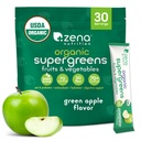 Zena Nutrition Organic Super Green Powder, 70 + Superfoods, 0 Sugar, 3G Fiber, Spirulina, Chlorella, Antioxidanter, Prebiotika / Probiotika, fordøjelige enzymer, Green Apple, 30 Drink Mix Pakninger